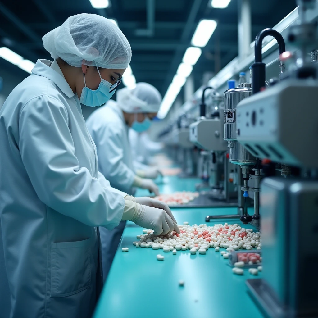 Technicians sorting pills