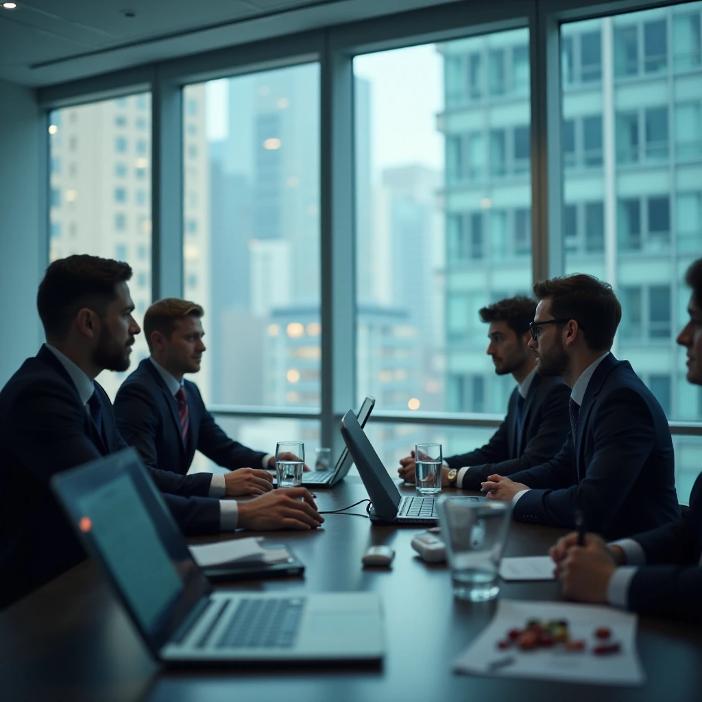 Businesspeople talking at table with laptops and drinks