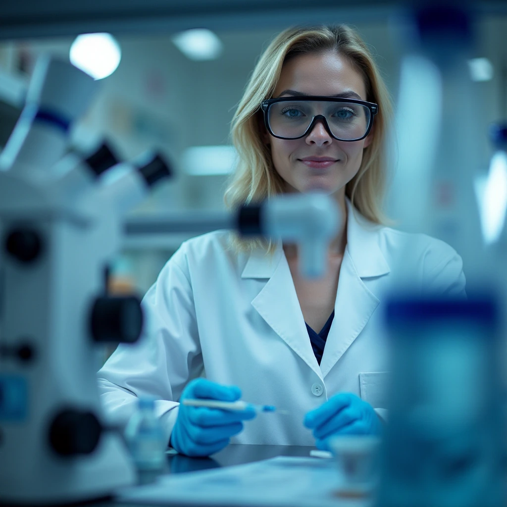 Technician with goggles behind equipment